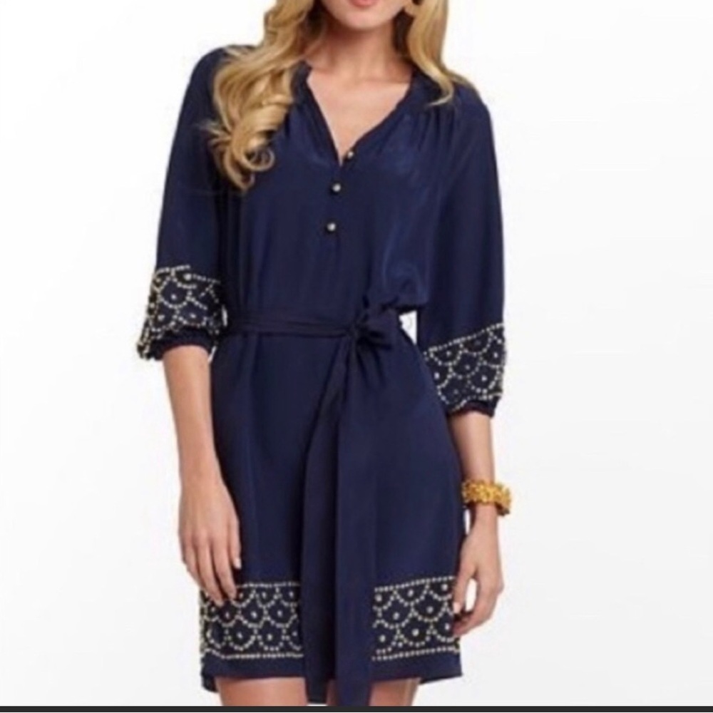 Lilly Pulitzer navy silk shift dress with gold stud details size XS